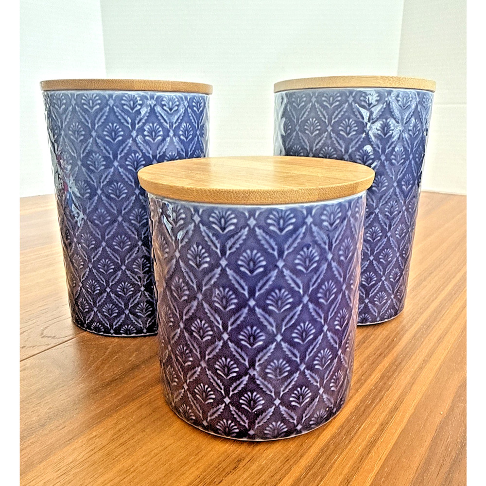 3 Pfaltzgraff Cobalt Blue Ceramic Canisters, Bamboo Lids, Embossed Floral
